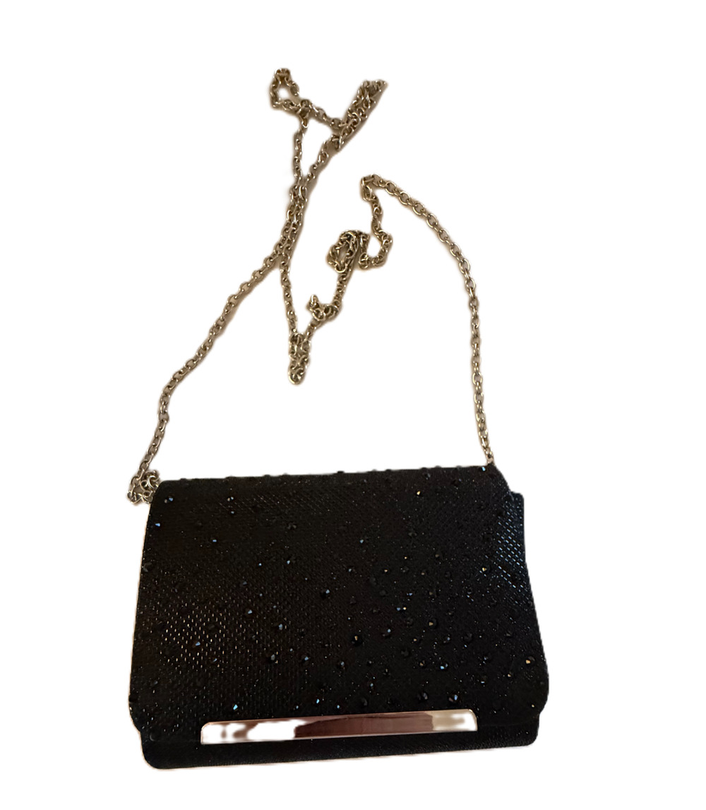 Gunne Sax Jessica McClintock Black Evening Bag Silver Chain Clutch Formal Purse